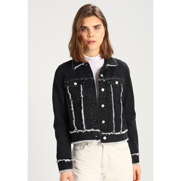 Weekday Deco Jean Jacket Frayed Raw Black Denim Jacket - Picture 1 of 10